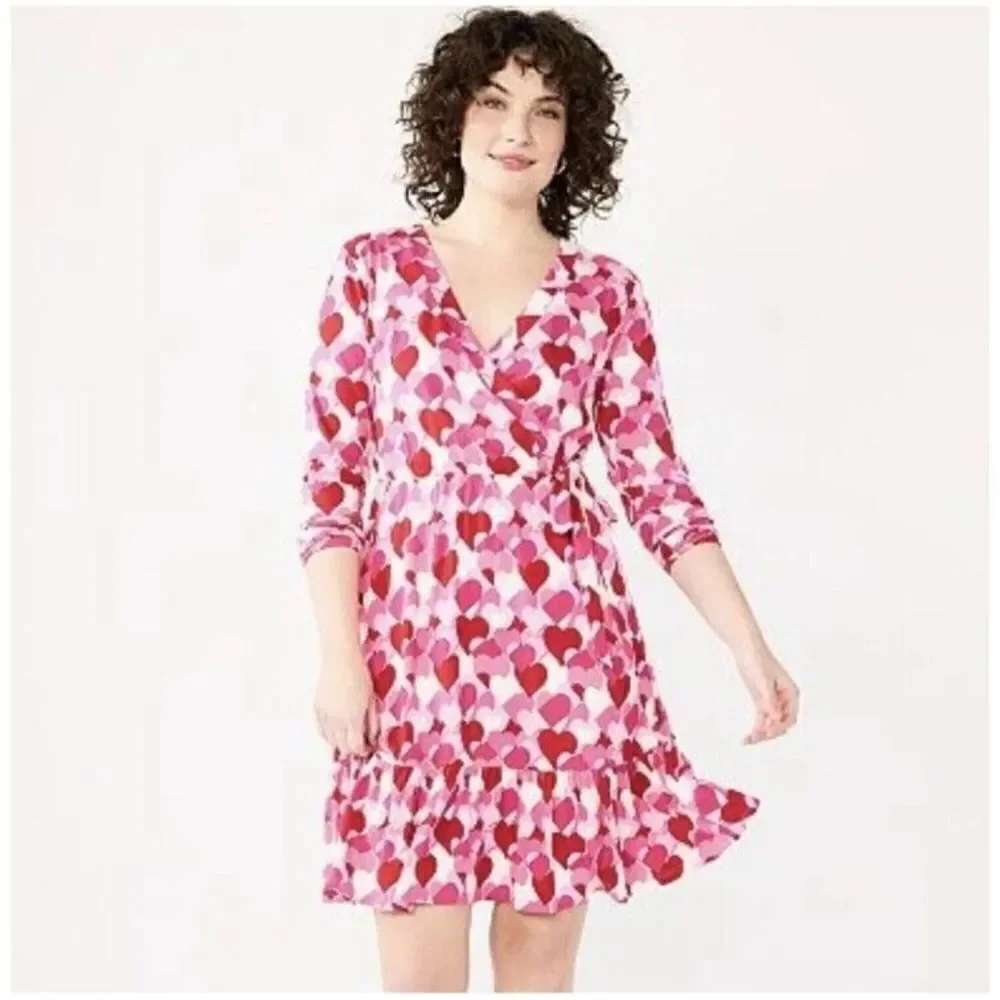 DRAPER JAMES RSVP Valentine's Day Hearts Long Sleeve Knit Wrap Dress-Small